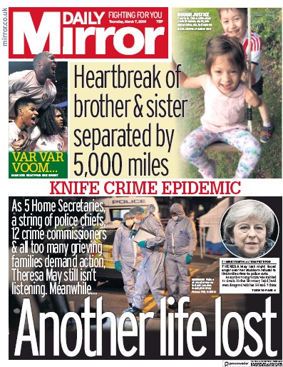 Daily Mirror Newspaper Front Page (UK) for 8 March 2019