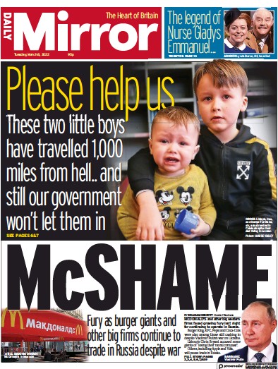 Daily Mirror Newspaper Front Page (UK) for 8 March 2022