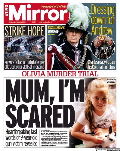 Daily Mirror Newspaper Front Page (UK) for 8 March 2023