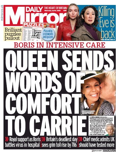 Daily Mirror Newspaper Front Page (UK) for 8 April 2020