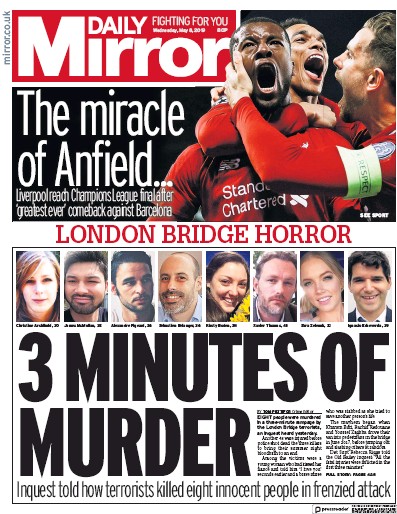 Daily Mirror Newspaper Front Page (UK) for 8 May 2019