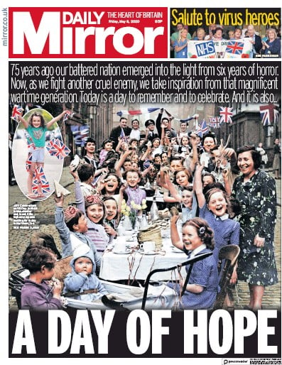 Daily Mirror Newspaper Front Page (UK) for 8 May 2020
