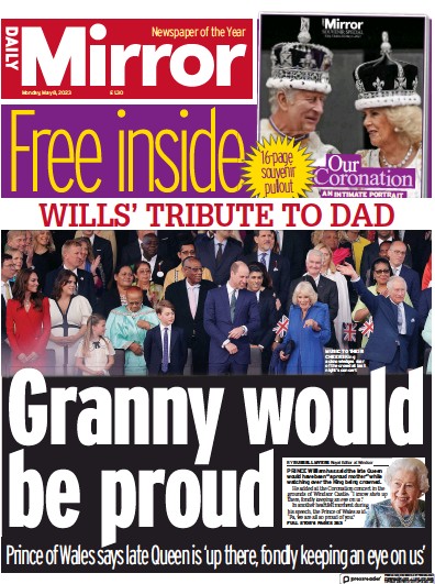 Daily Mirror Newspaper Front Page (UK) for 8 May 2023
