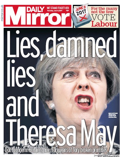 Daily Mirror Newspaper Front Page (UK) for 8 June 2017
