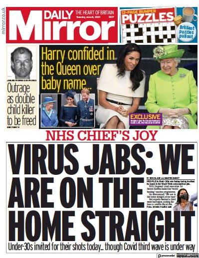 Daily Mirror Newspaper Front Page (UK) for 8 June 2021