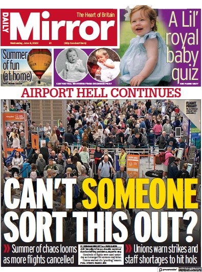 Daily Mirror Newspaper Front Page (UK) for 8 June 2022