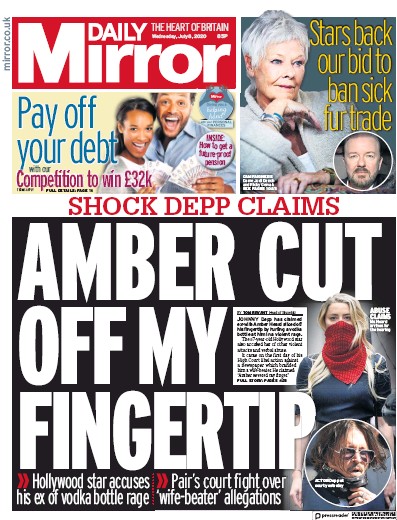 Daily Mirror Newspaper Front Page (UK) for 8 July 2020