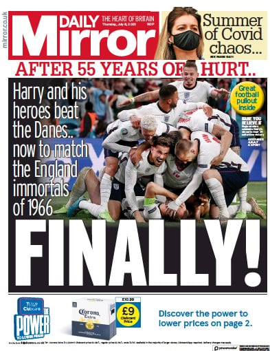 Daily Mirror Newspaper Front Page (UK) for 8 July 2021