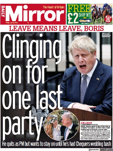 Daily Mirror Newspaper Front Page (UK) for 8 July 2022