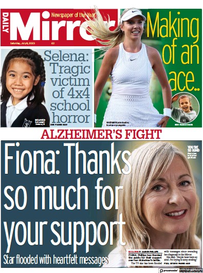 Daily Mirror Newspaper Front Page (UK) for 8 July 2023