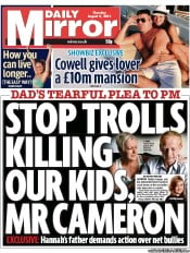 Daily Mirror (UK) Newspaper Front Page for 8 August 2013