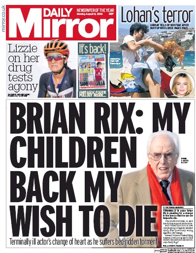 Daily Mirror Newspaper Front Page (UK) for 8 August 2016