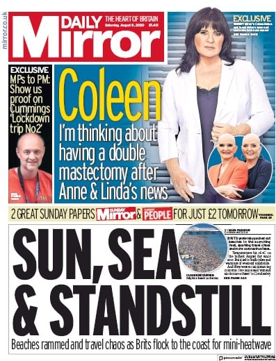 Daily Mirror Newspaper Front Page (UK) for 8 August 2020