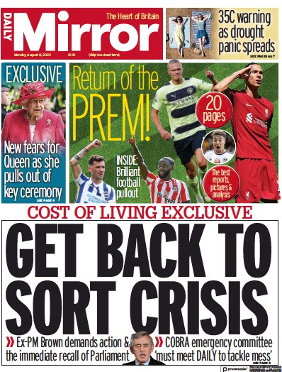 Daily Mirror Newspaper Front Page (UK) for 8 August 2022