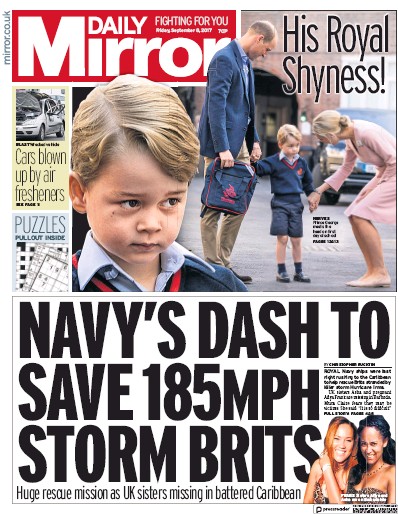 Daily Mirror Newspaper Front Page (UK) for 8 September 2017