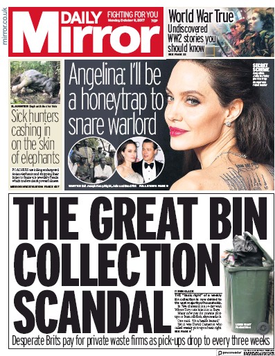 Daily Mirror Newspaper Front Page (UK) for 9 October 2017