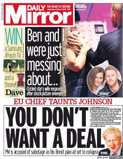 Daily Mirror Newspaper Front Page (UK) for 9 October 2019