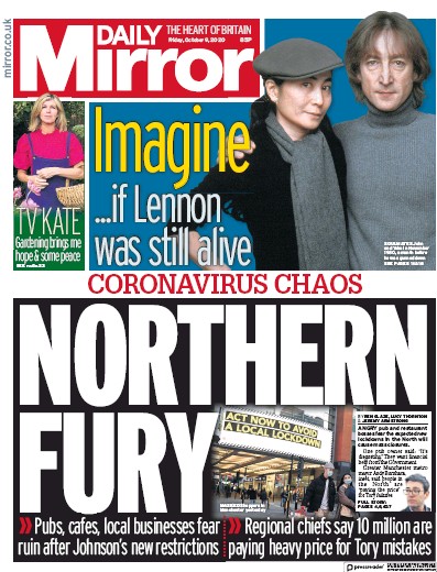Daily Mirror Newspaper Front Page (UK) for 9 October 2020