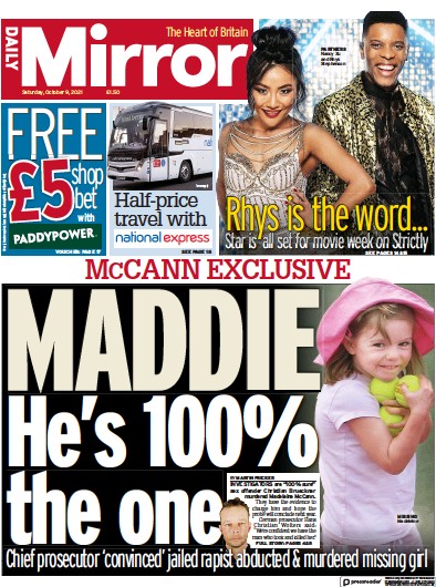 Daily Mirror Newspaper Front Page (UK) for 9 October 2021