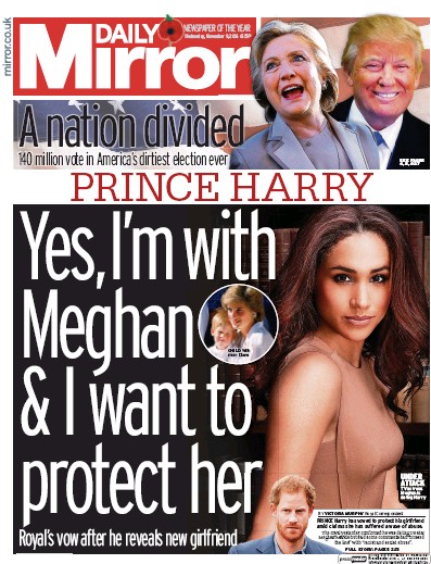 Daily Mirror Newspaper Front Page (UK) for 9 November 2016