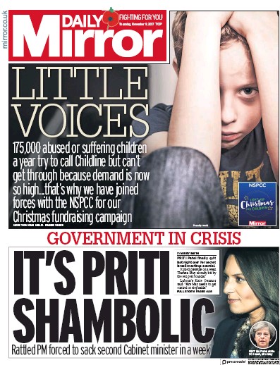 Daily Mirror Newspaper Front Page (UK) for 9 November 2017