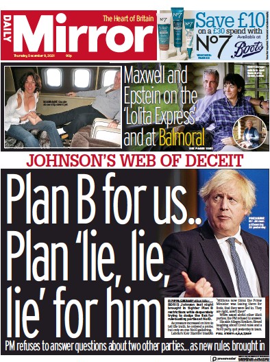 Daily Mirror Newspaper Front Page (UK) for 9 December 2021