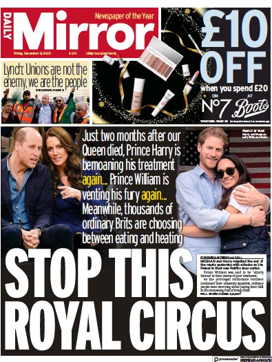 Daily Mirror Newspaper Front Page (UK) for 9 December 2022