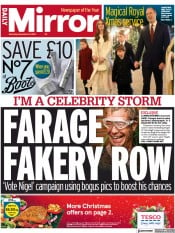 Daily Mirror front page for 9 December 2023
