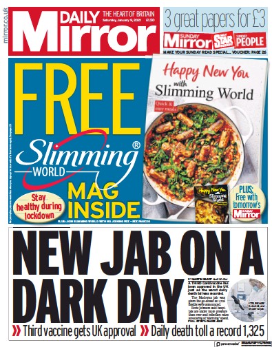 Daily Mirror Newspaper Front Page (UK) for 9 January 2021