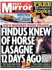 Daily Mirror (UK) Newspaper Front Page for 9 February 2013