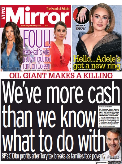 Daily Mirror Newspaper Front Page (UK) for 9 February 2022