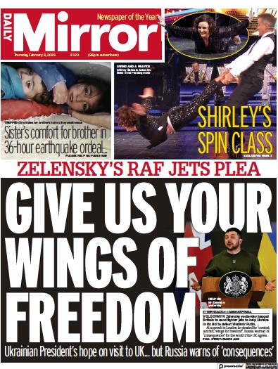 Daily Mirror Newspaper Front Page (UK) for 9 February 2023