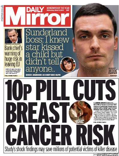 Daily Mirror Newspaper Front Page (UK) for 9 March 2016