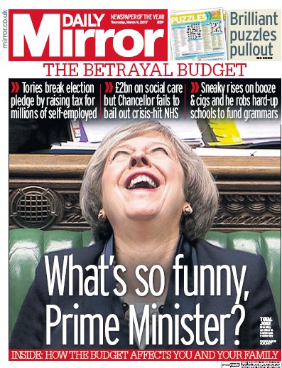 Daily Mirror Newspaper Front Page (UK) for 9 March 2017