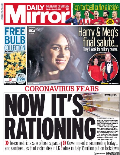 Daily Mirror Newspaper Front Page (UK) for 9 March 2020