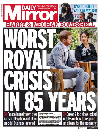 Daily Mirror Newspaper Front Page (UK) for 9 March 2021