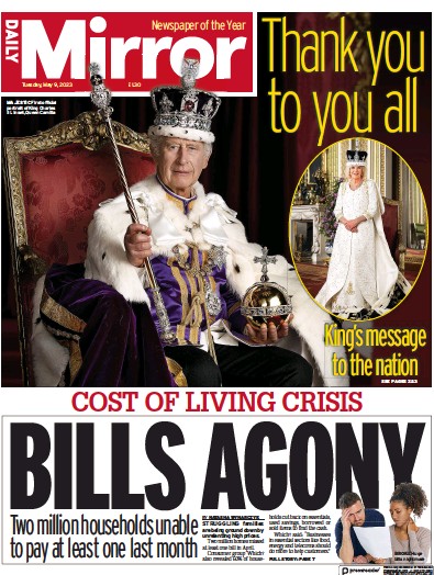 Daily Mirror Newspaper Front Page (UK) for 9 May 2023