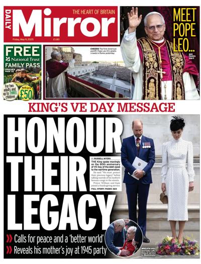Daily Mirror Newspaper Front Page (UK) for 9 May 2025