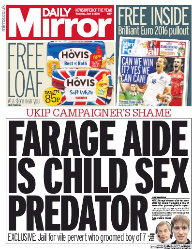 Daily Mirror Newspaper Front Page (UK) for 9 June 2016