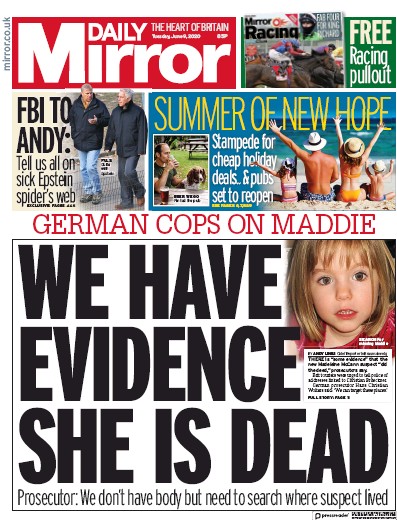 Daily Mirror Newspaper Front Page (UK) for 9 June 2020