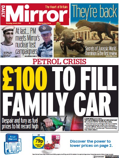 Daily Mirror Newspaper Front Page (UK) for 9 June 2022
