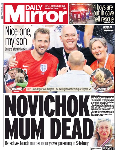 Daily Mirror Newspaper Front Page (UK) for 9 July 2018