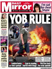 Daily Mirror (UK) Newspaper Front Page for 9 August 2011