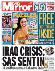 Daily Mirror Newspaper Front Page (UK) for 9 August 2014