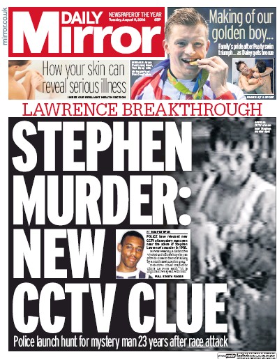 Daily Mirror Newspaper Front Page (UK) for 9 August 2016