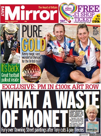 Daily Mirror Newspaper Front Page (UK) for 9 August 2021