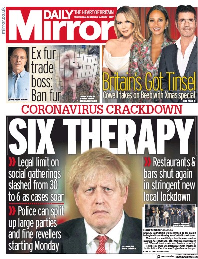 Daily Mirror Newspaper Front Page (UK) for 9 September 2020