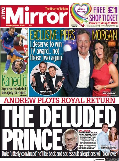 Daily Mirror Newspaper Front Page (UK) for 9 September 2021