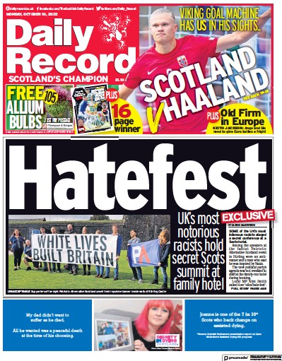 Daily Record Newspaper Front Page (UK) for 10 October 2022