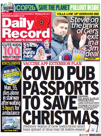 Daily Record Newspaper Front Page (UK) for 10 November 2021